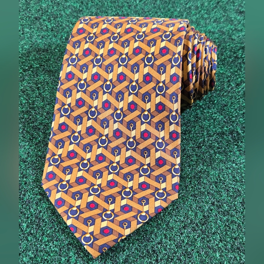 Vintage GUCCI Horsebit Tie W: 3.5-3.75 Made In Italy 100% Silk Gold And Blue EUC